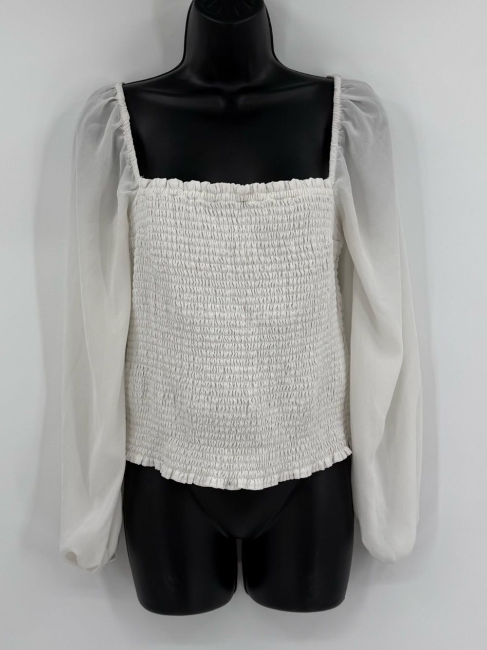 Abercrombie & Fitch Smocked Chiffon Sleeve Top | White | Large